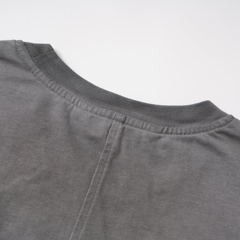 Close-up of the washed grey ribbed crew neckline and back seam on a long sleeve tee