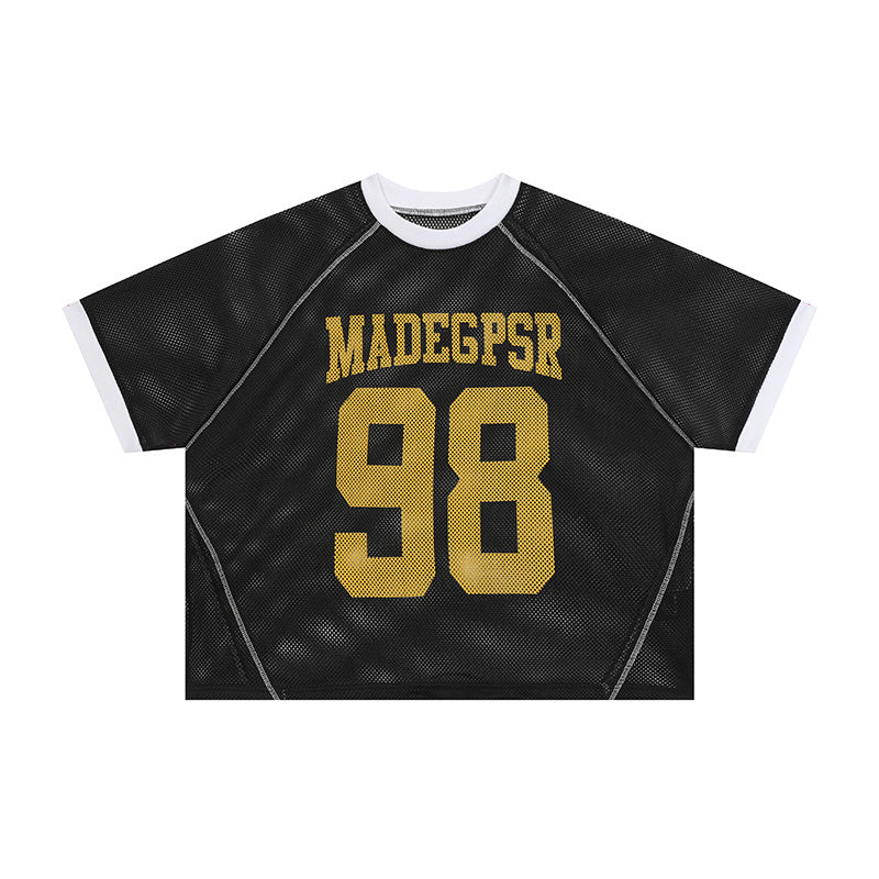 Black mesh varsity jersey with gold number 98 and MADEGPSR text, white contrast collar and cuffs, flat lay front view