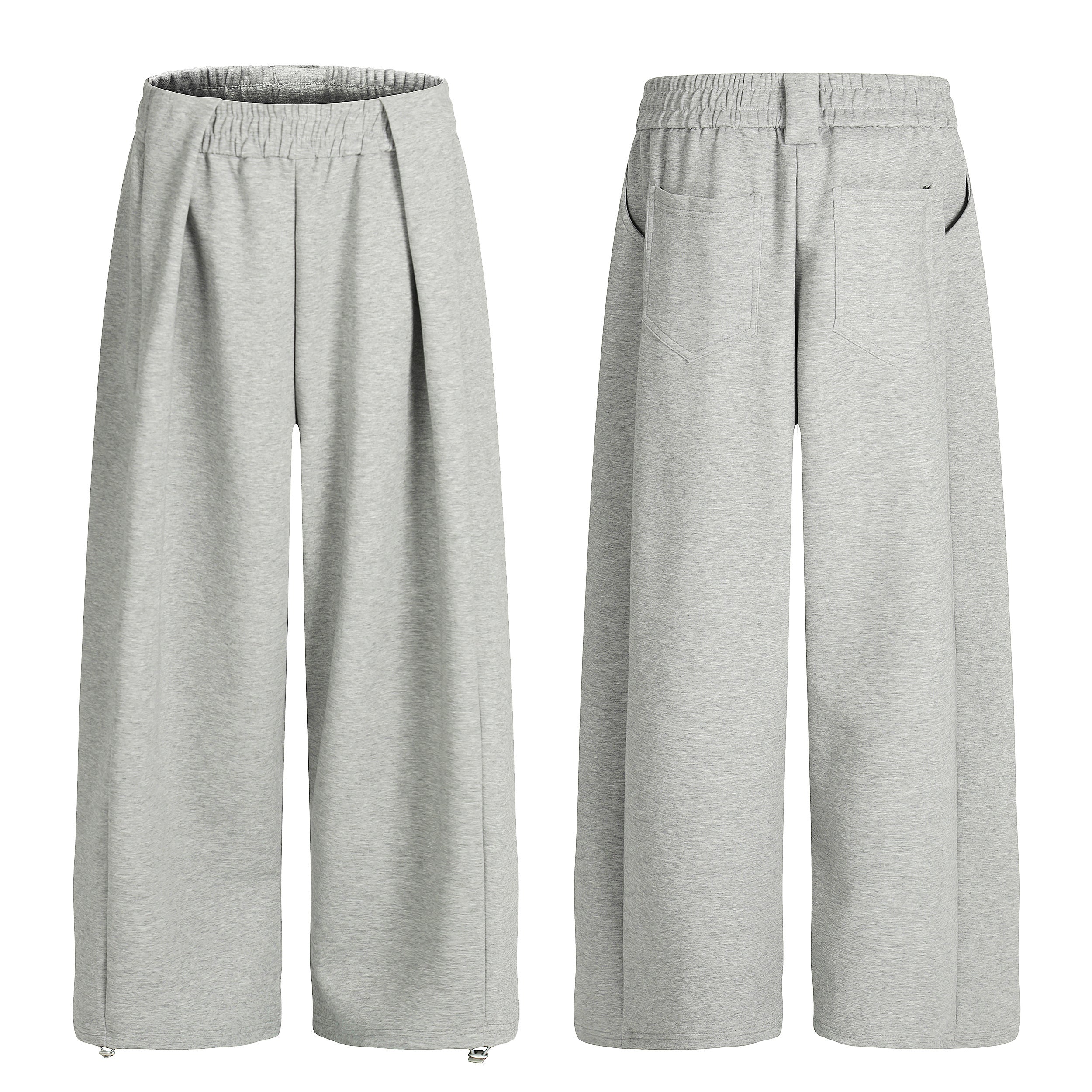 Light grey wide-leg pleated sweatpants with elastic waistband shown from front and back on white background