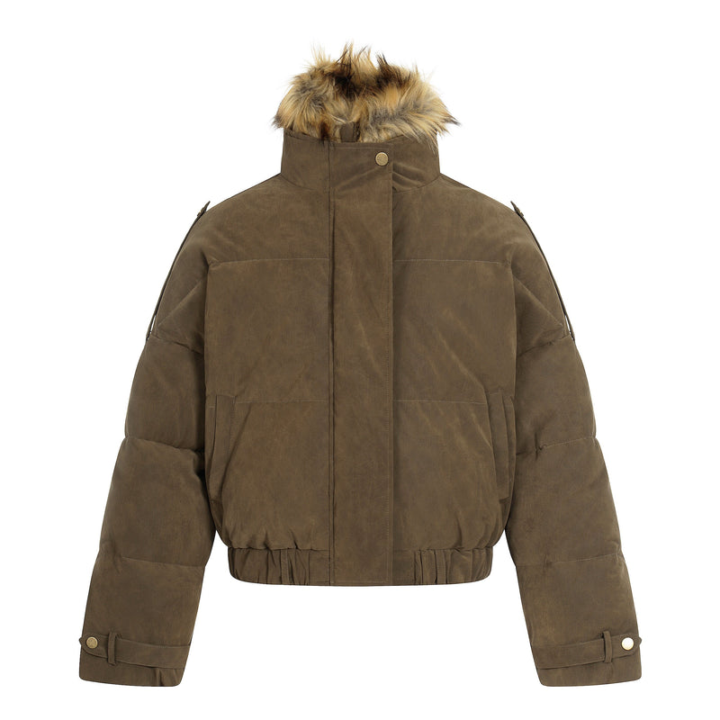 Detachable Faux Fur Collar PU Puffer Jacket | Cropped