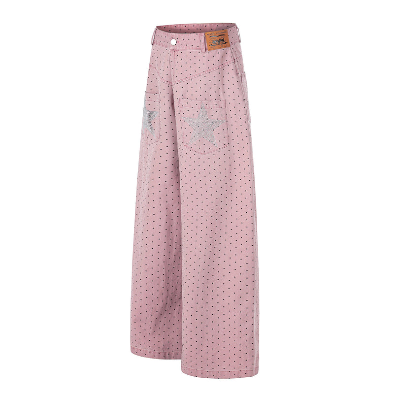 Angled front view of pink polka dot wide-leg pants with rhinestone star pockets