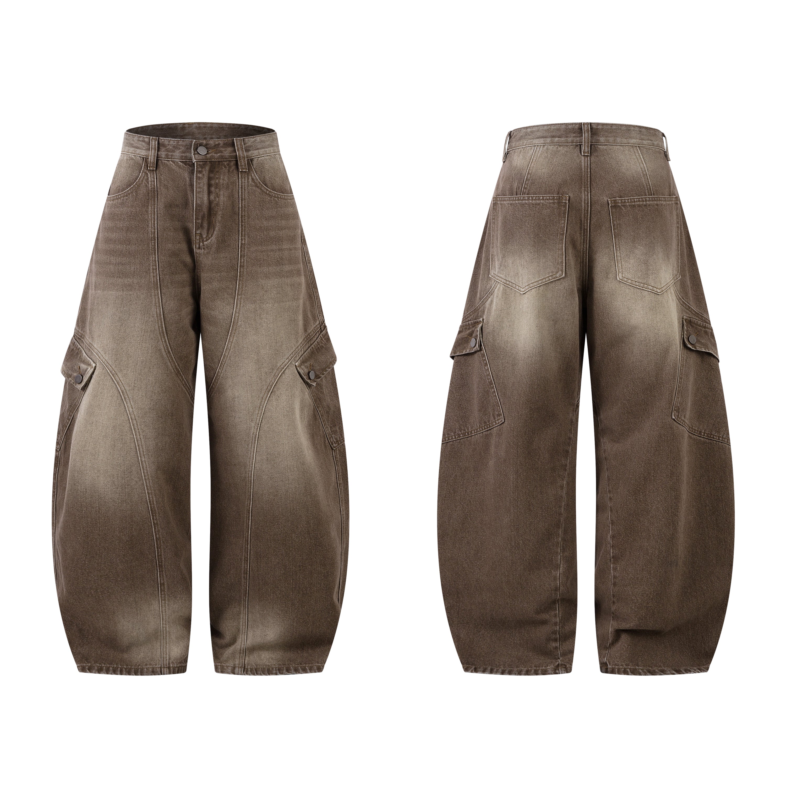 Front and back view of brown vintage washed curved barrel-leg cargo pants with snap flap pockets and 3D seam detailing