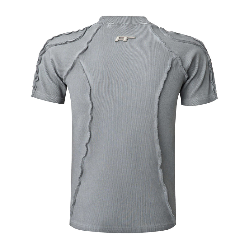Gray raw seam compression tee with ribbed texture, deconstructed stitching, and a fitted high neck streetwear design