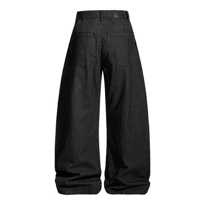Back view of black pinstripe trousers with belt loops and rear pockets