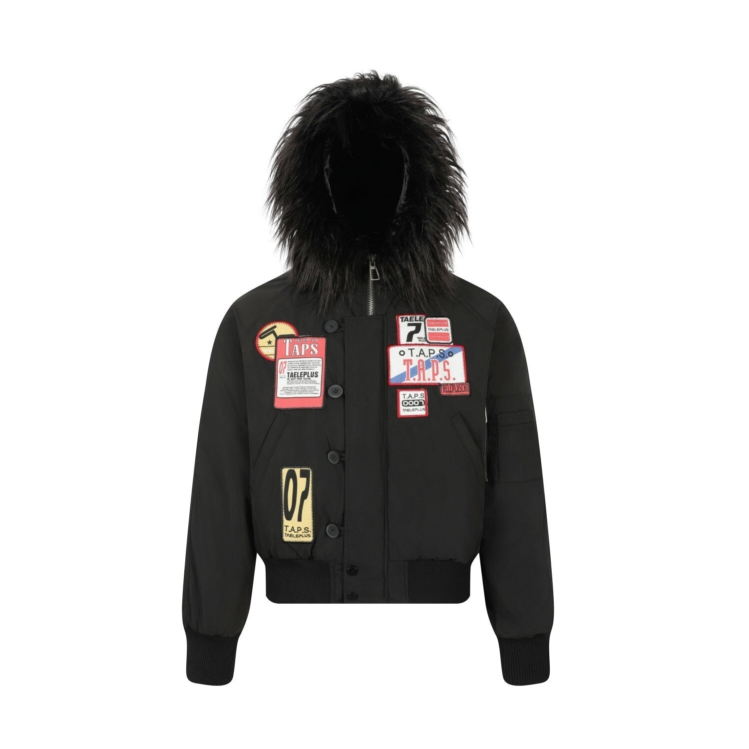 Faux Fur Hooded Bomber Jacket with Badge Patches | SEAKOFF