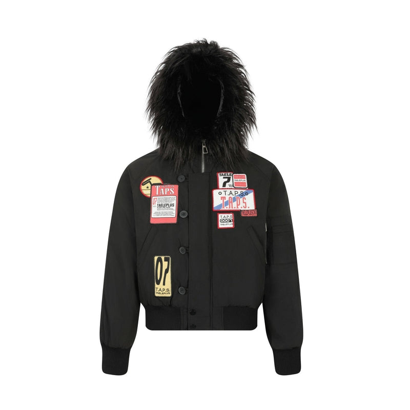 Faux Fur Hooded Bomber Jacket with Badge Patches | SEAKOFF