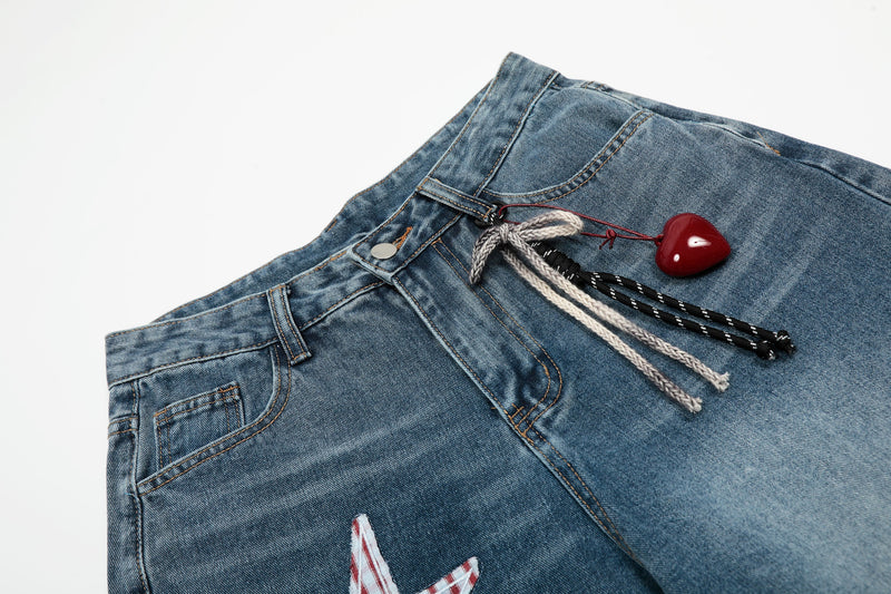 Gingham Star Patchwork Wide-Leg Jeans | Vintage Wash