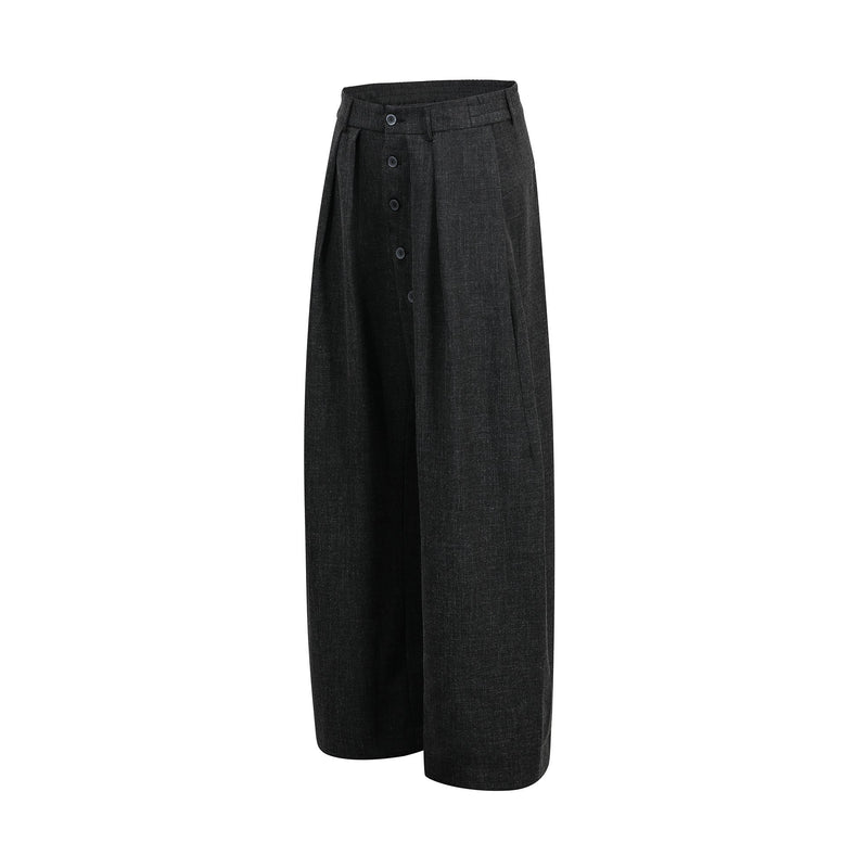 Side view of black wide-leg pants with asymmetric button front and loose drape
