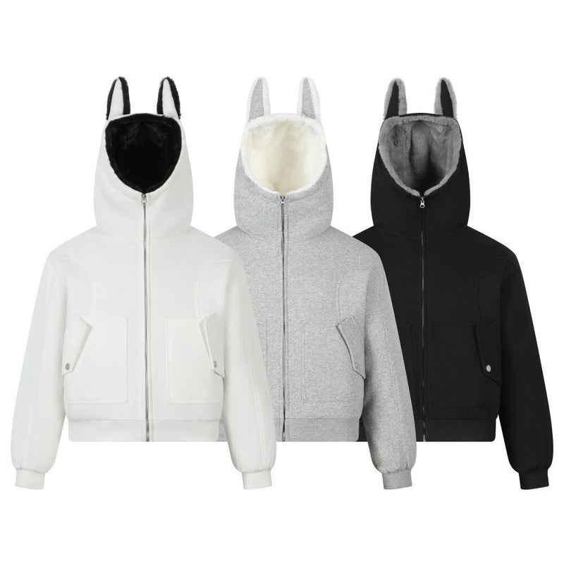 Bunny Ear Sherpa Lined Zip-Up Hoodie Jacket | Omirad