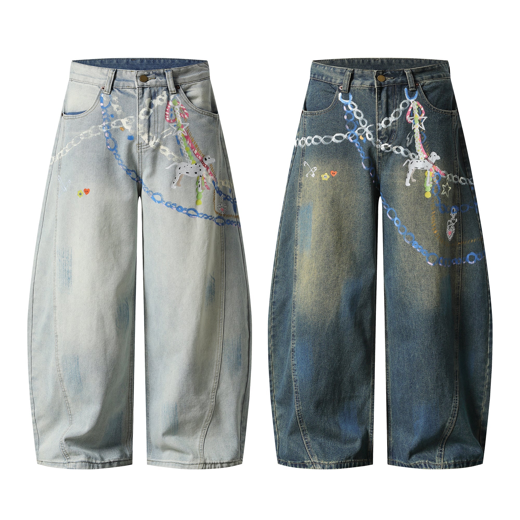 Light wash wide-leg denim pants with hand-painted chain and Dalmatian dog graphic artwork on the front panel