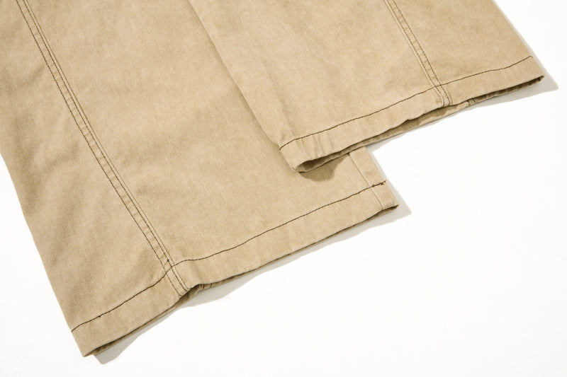 Close-up of khaki wide-leg hem with stitched cuff detail