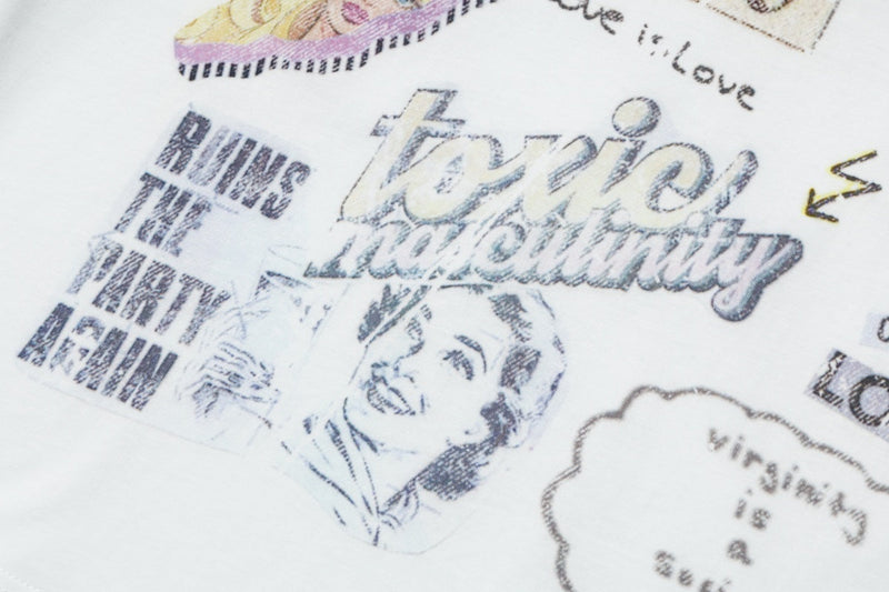White ringer tee with vintage pop graphics, Marilyn Monroe portrait, and bold retro text print