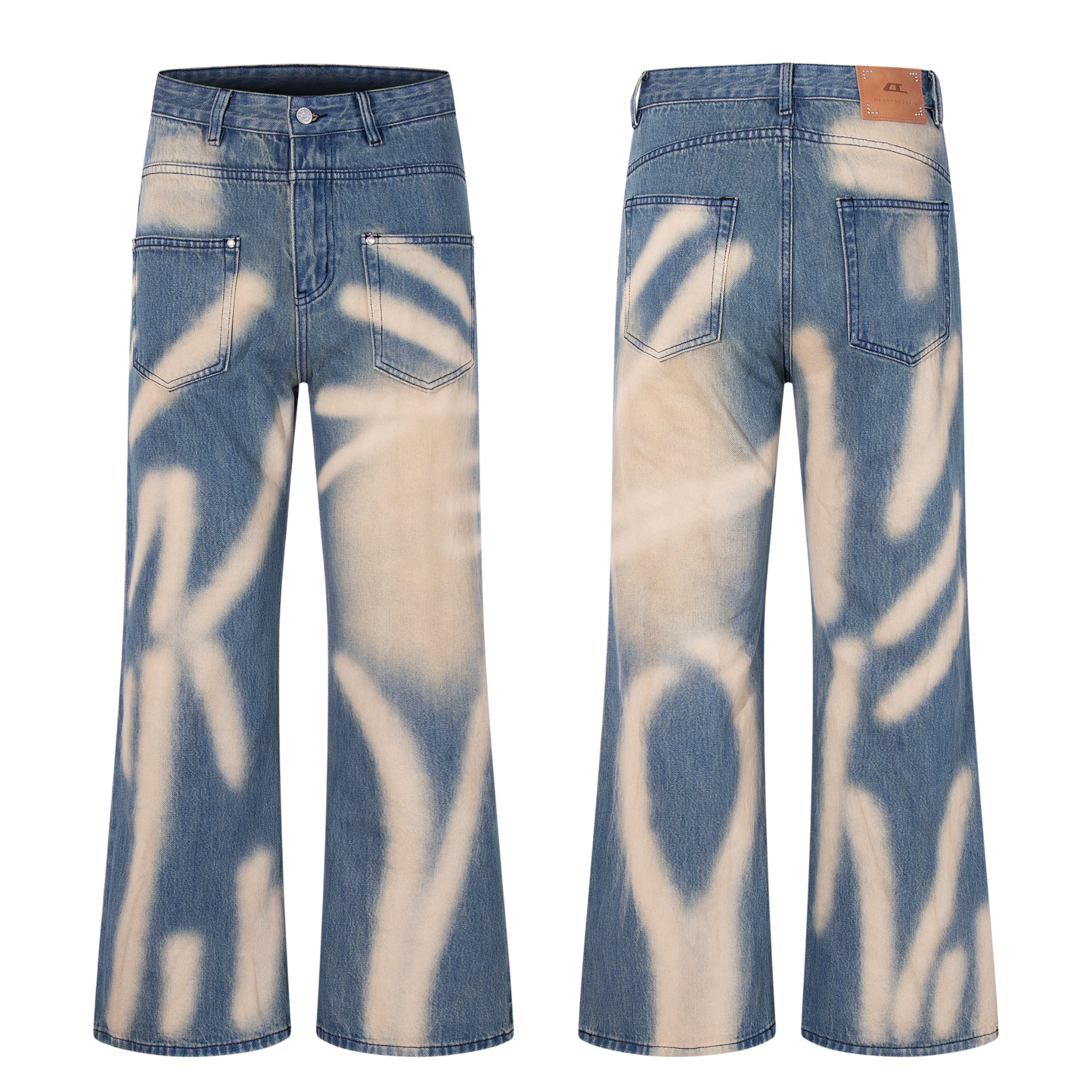 Front and back view of wide-leg jeans with spray-fade graffiti bleach pattern on vintage blue denim