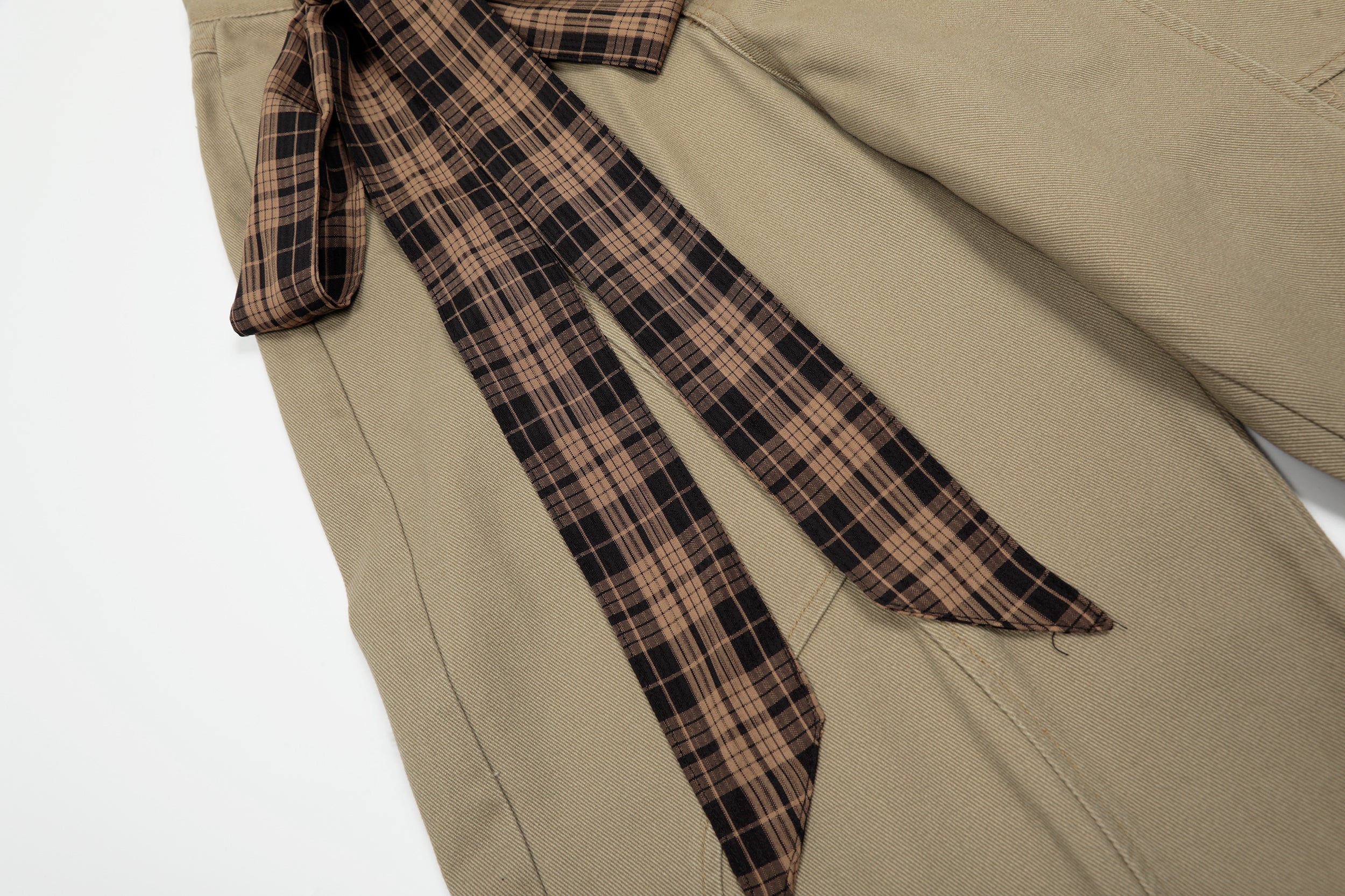 Plaid Tie-Belt Arc Wide-Leg Pants | 100% Cotton Streetwear