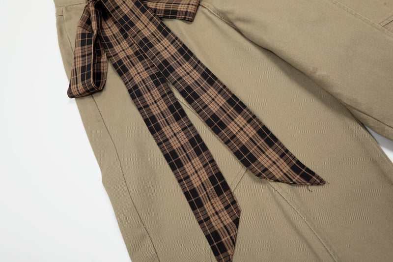 Plaid Tie-Belt Arc Wide-Leg Pants | 100% Cotton Streetwear