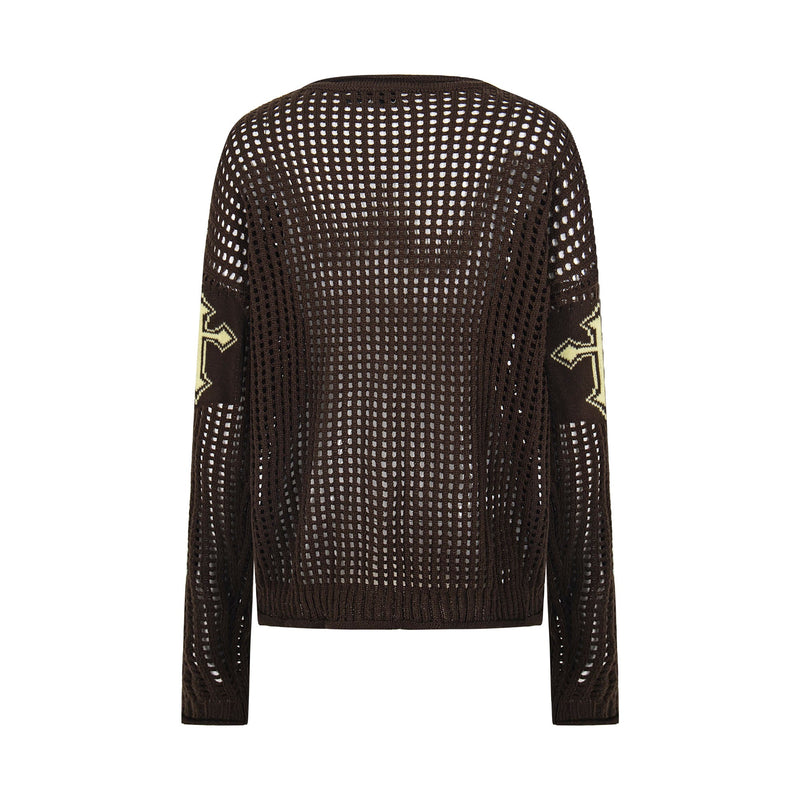 Chocolate brown open-knit crewneck sweater back view with long sleeves