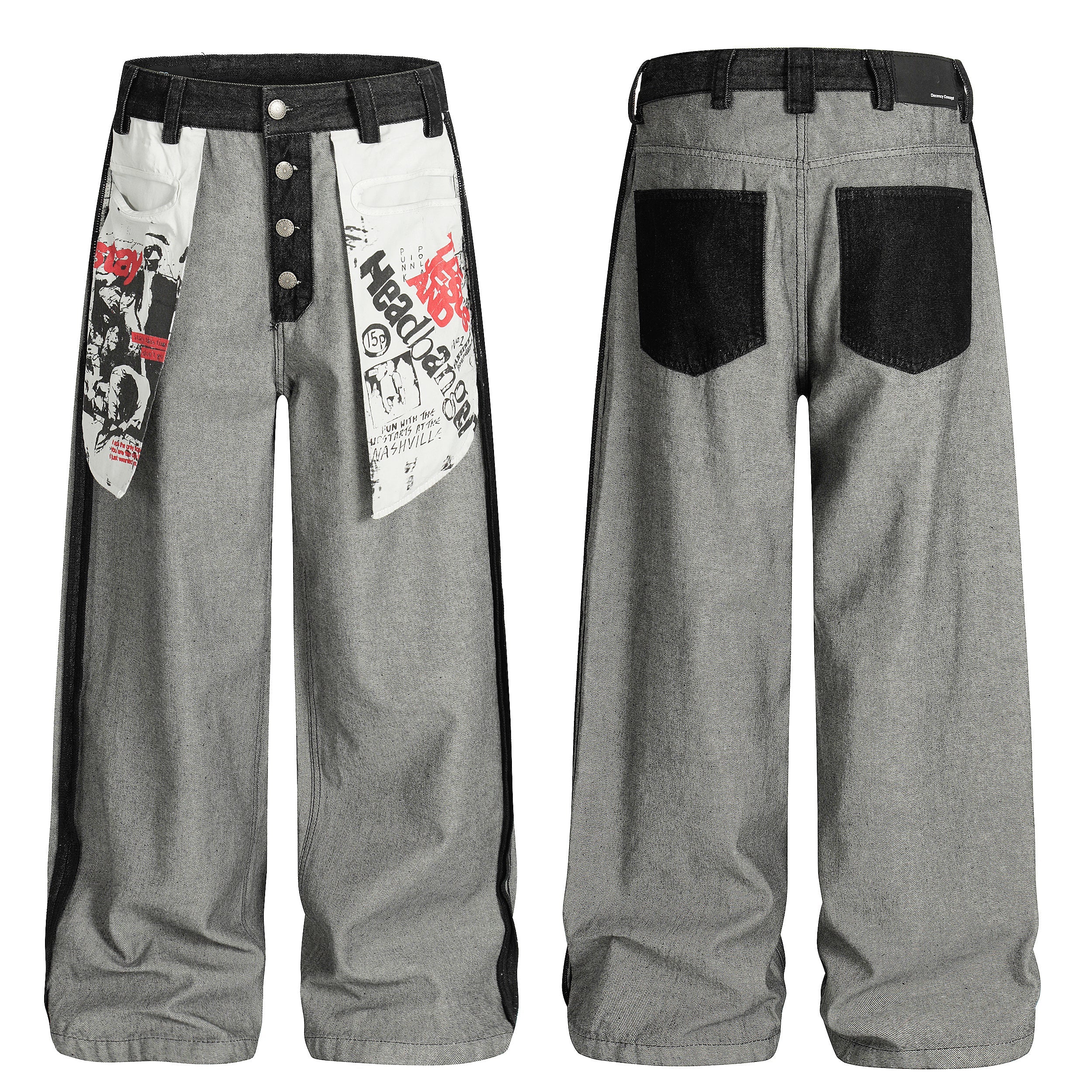 Front and back view of grey and black contrast panel wide-leg jeans with punk graphic printed flap overlays and metal button