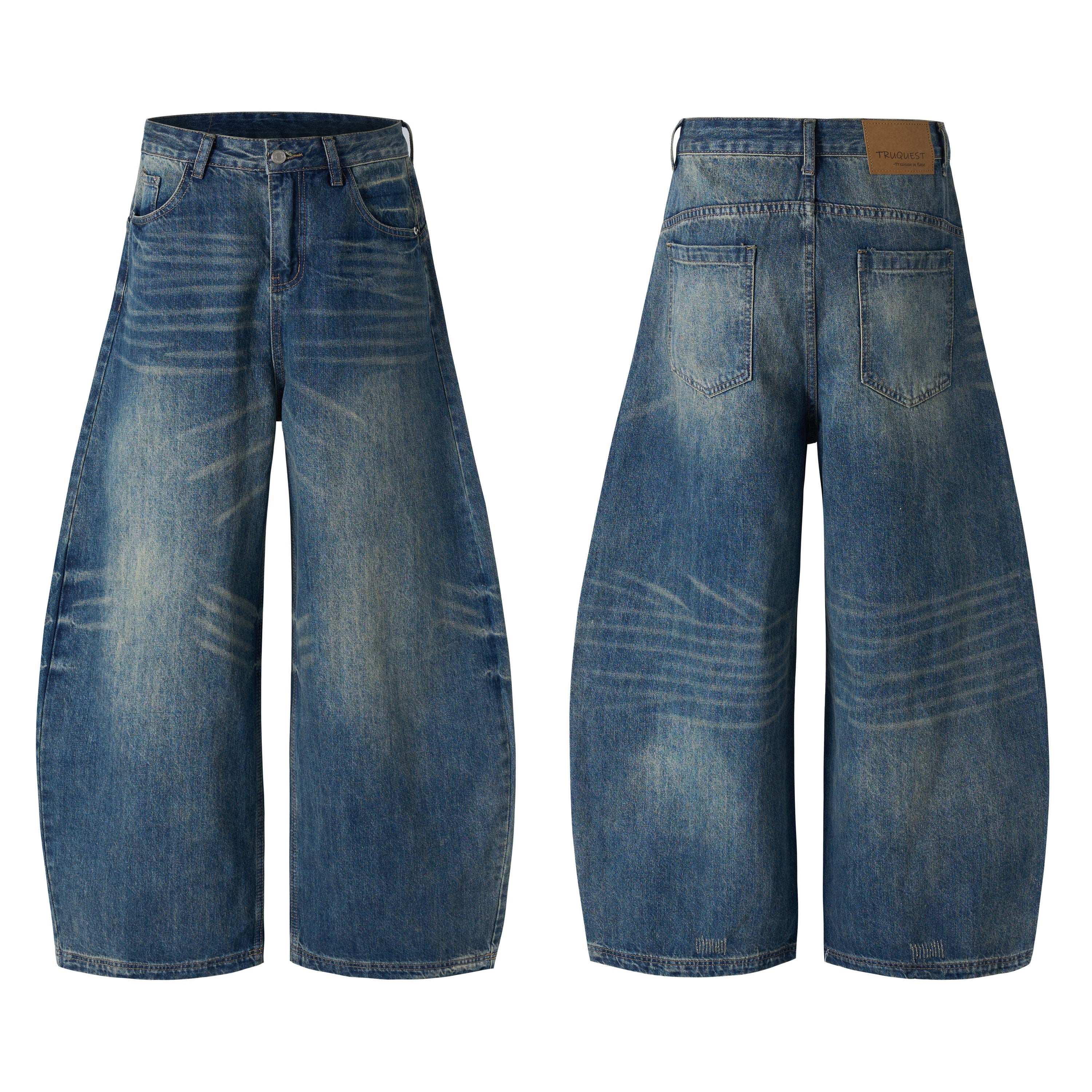Front and back view of wide-leg balloon denim jeans with wave whisker fading and vintage washed finish