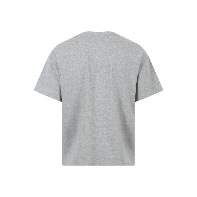 Light gray structured short-sleeve T-shirt with a clean crew neck and folded panel detailing on the back