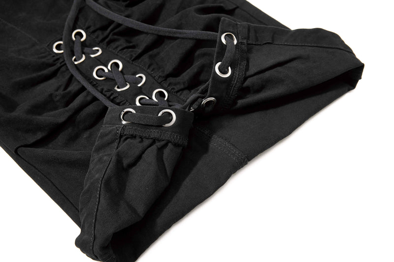 Black shorts lace-up hem detail with metal eyelets and drawstring
