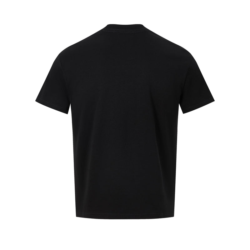 Black vintage rock collage graphic T-shirt shown from the back with a clean crew neck and short sleeves