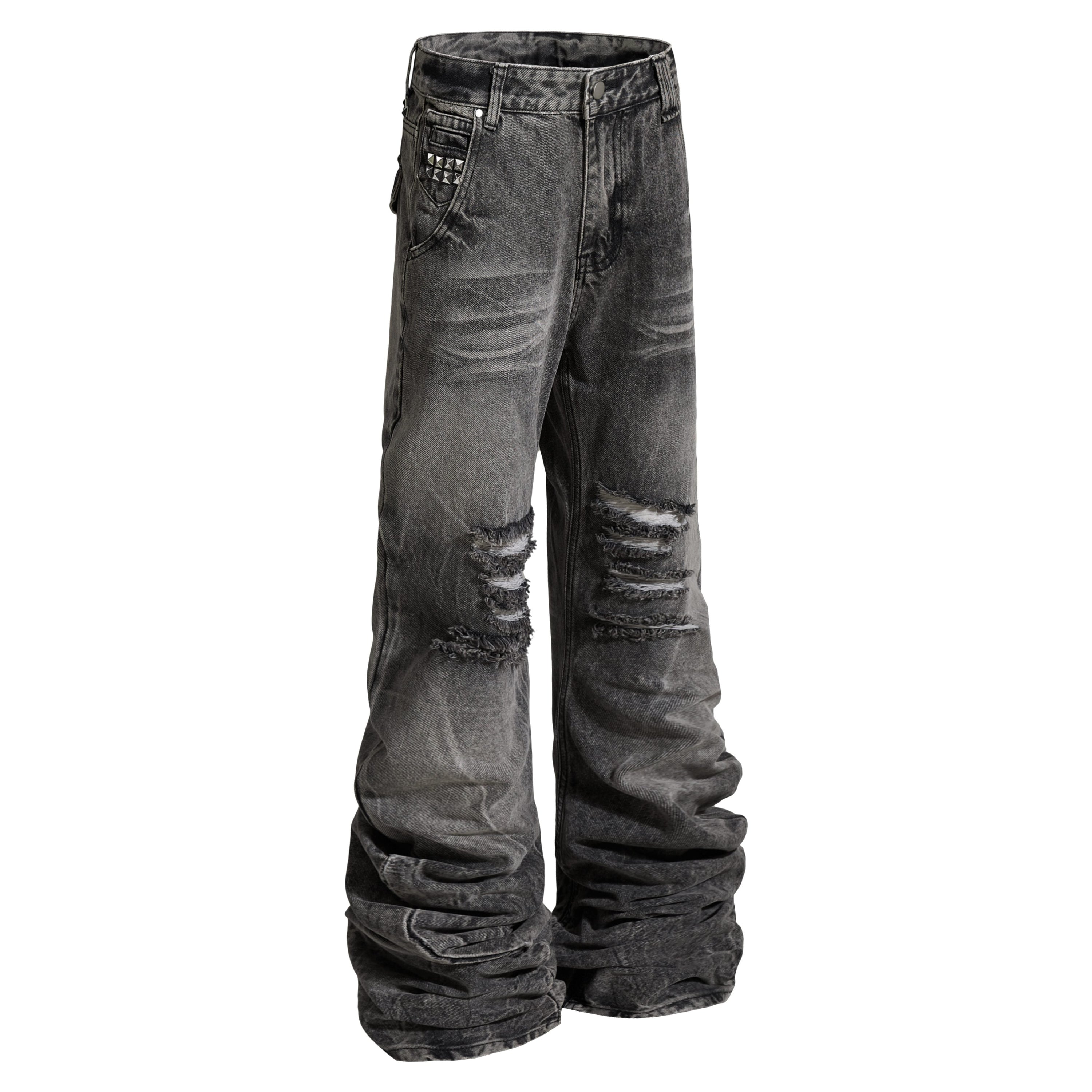 Distressed Studded Stacked Denim Pants | Streetwear Jeans