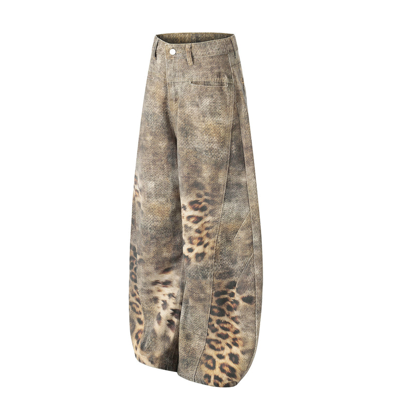 Side view of wide-leg leopard wash jeans with high-rise waistband