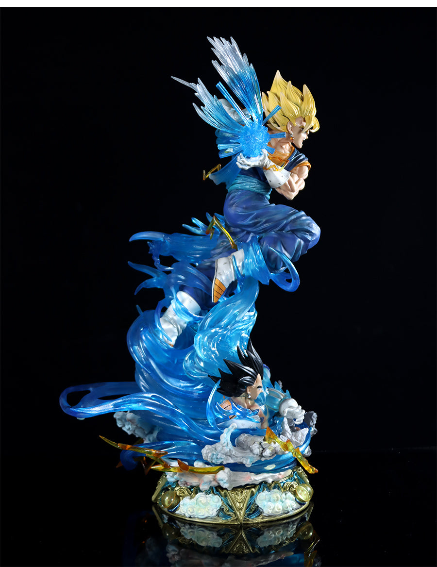 The Goku Transformations Collectible Figure by Seakoff, standing at 46cm, showcases dynamic poses with golden hair and blue energy wings on top and spiky black hair with blue energy below. It features interchangeable heads, glowing effects, and stands majestically on a decorative base.