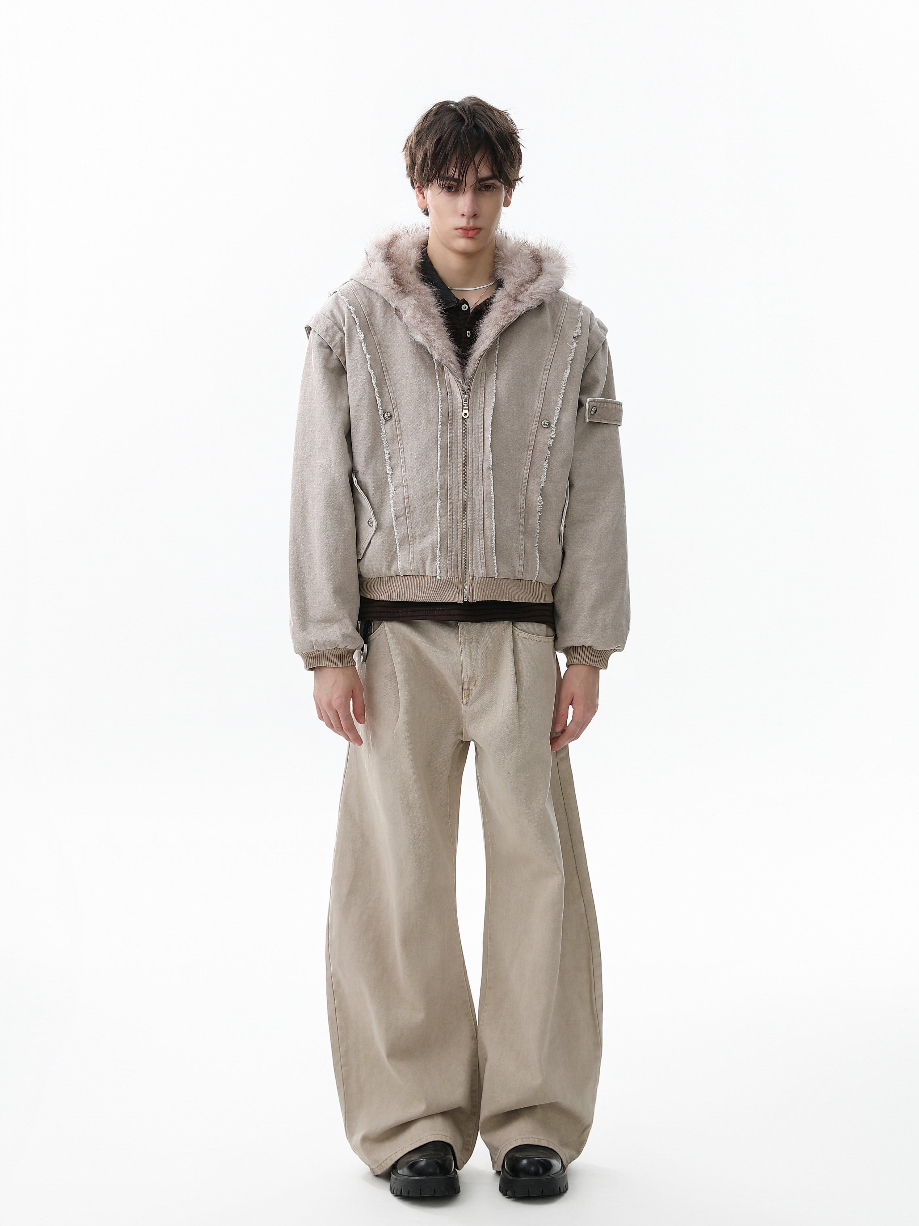 Washed Shearling-Lined Denim Hooded Bomber Jacket