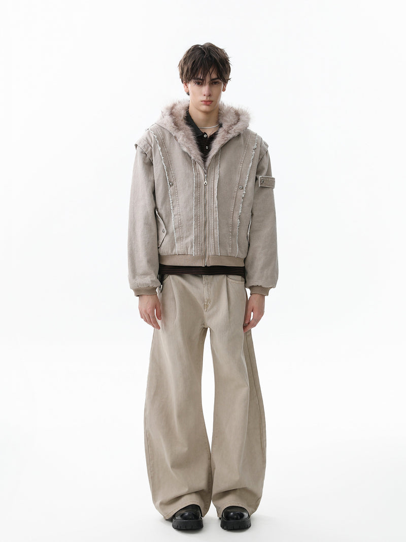 Washed Shearling-Lined Denim Hooded Bomber Jacket