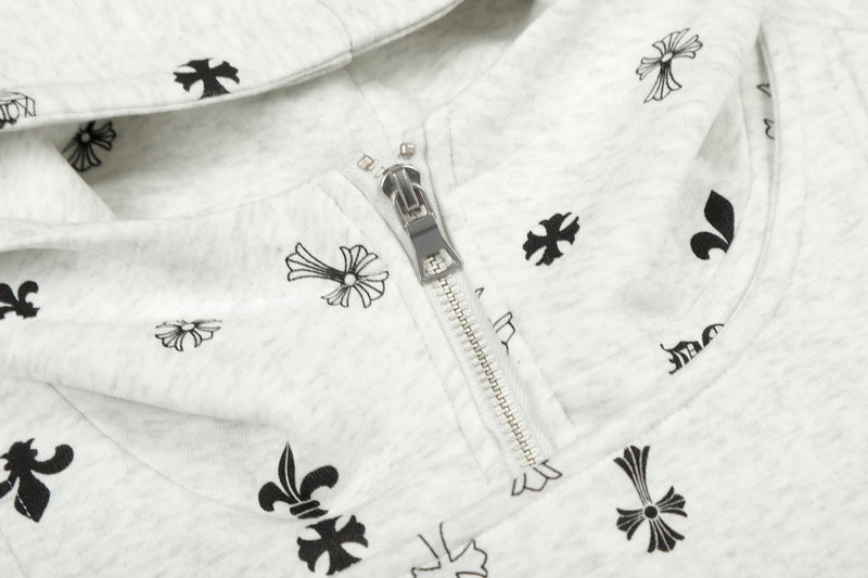 All-Over Gothic Cross Print Hooded Zip Jacket | Streetwear