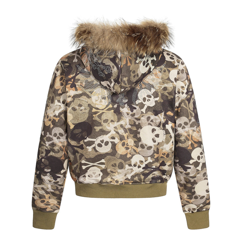 Back view of camouflage bomber hoodie jacket with skull print, faux fur hood trim and ribbed hem