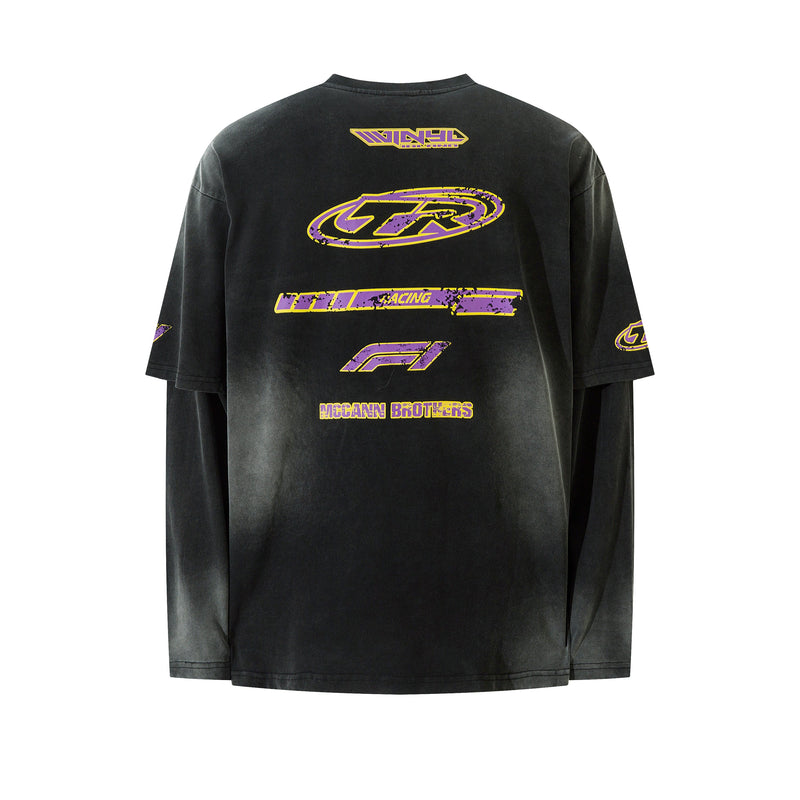 Black layered tee back view with purple and yellow TR graphics