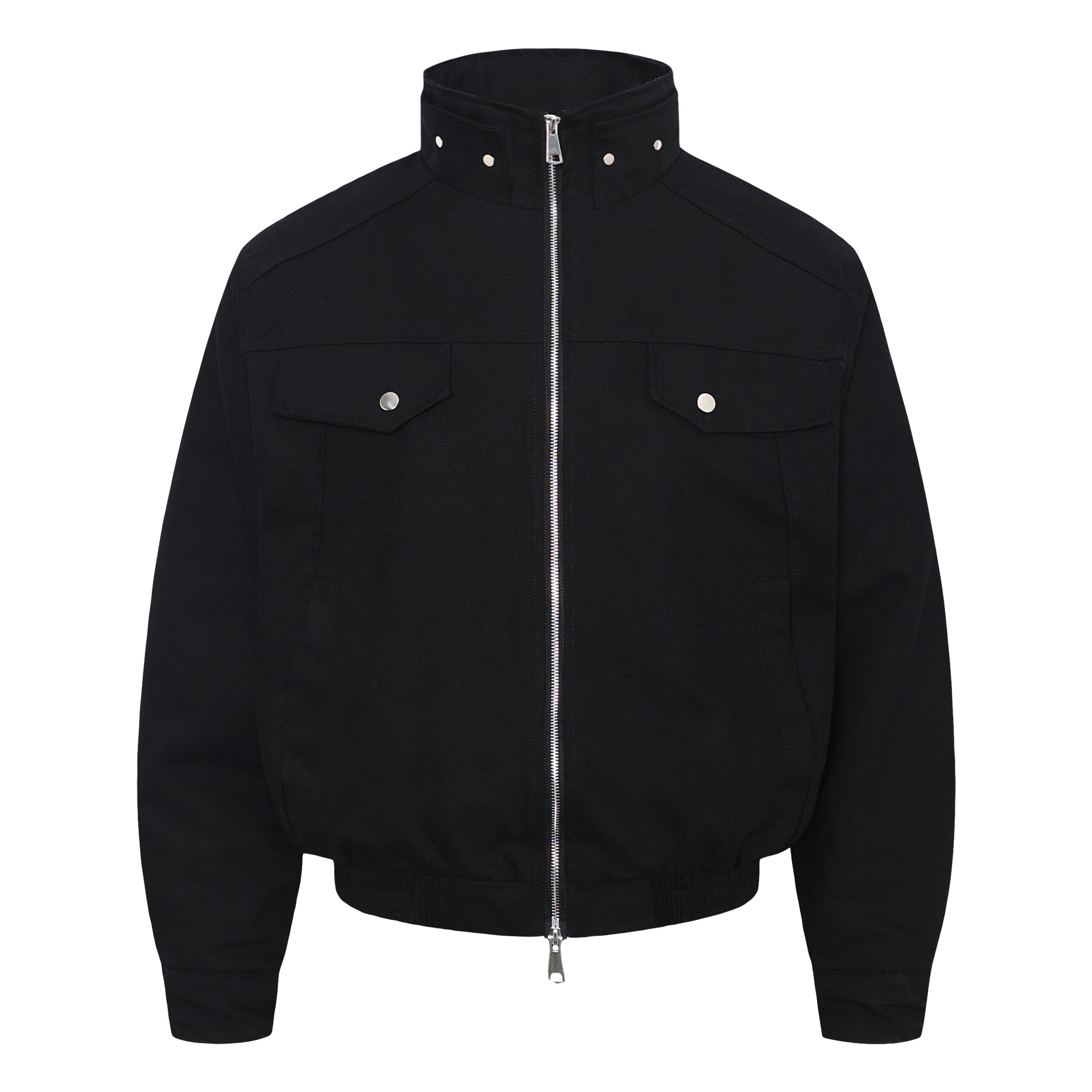 Men's black high-neck utility zip jacket with silver zipper, snap-button collar, and dual flap chest pockets, front view