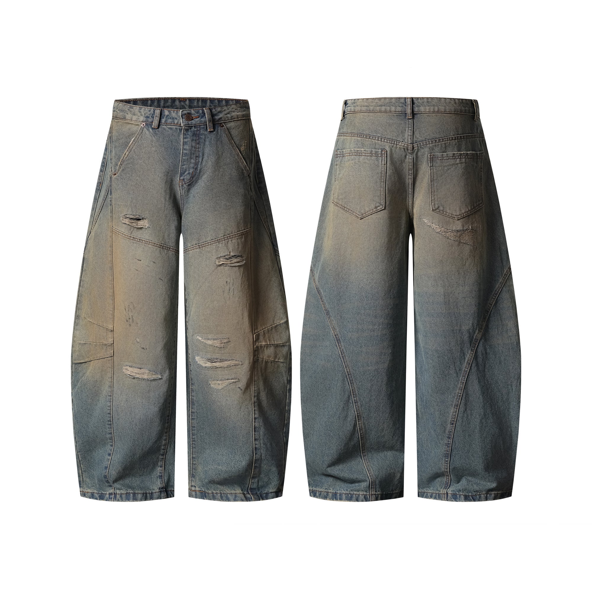 Front and back view of wide-leg distressed curved denim jeans with vintage amber-to-indigo wash and hand-torn detailing