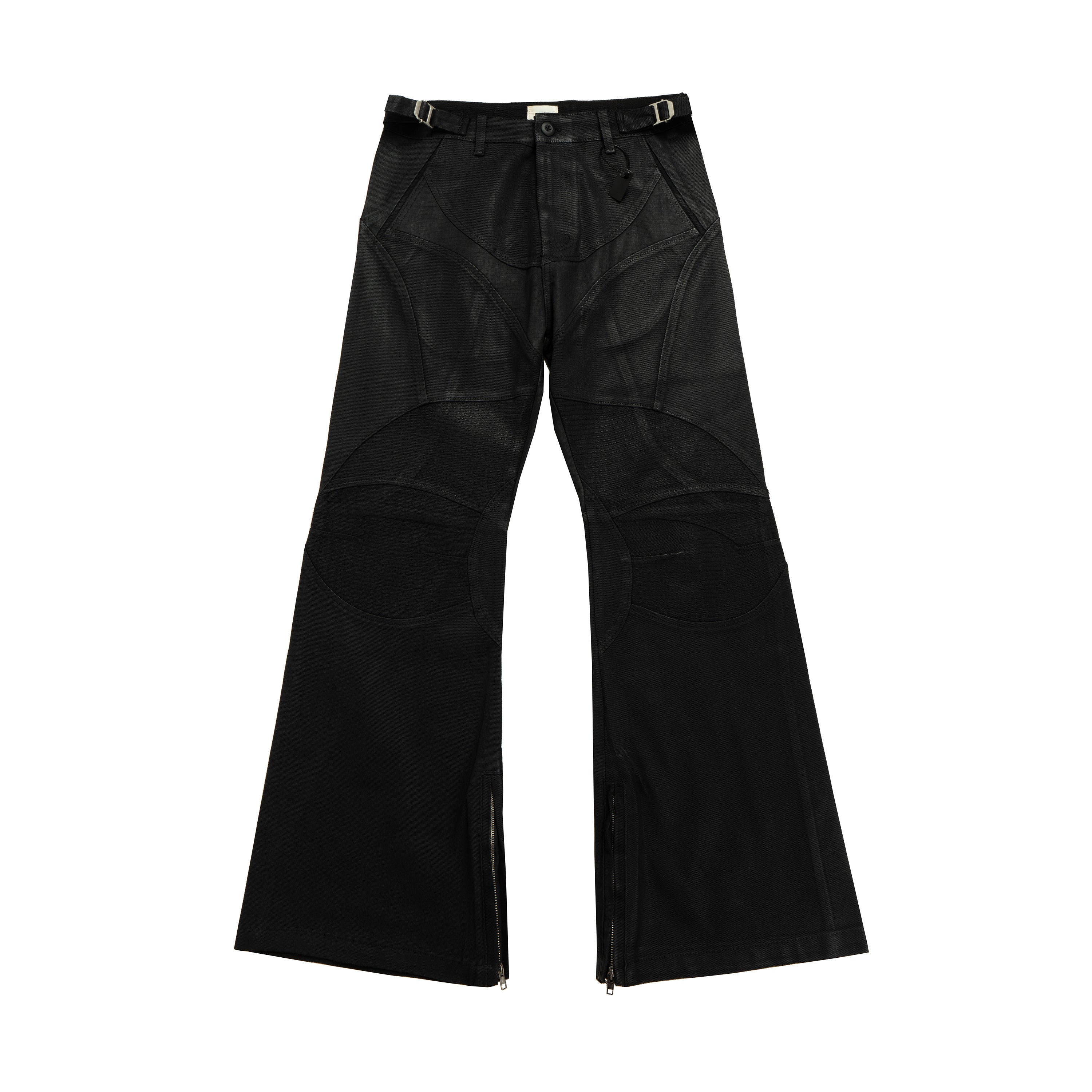 Front view of black wide-leg panelled jeans with curved seam detailing, adjustable waist tabs, and zip hem closures