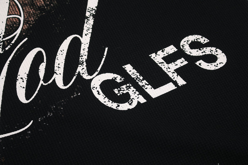 Black graphic tee with distressed white script lettering and gothic cross design on the chest