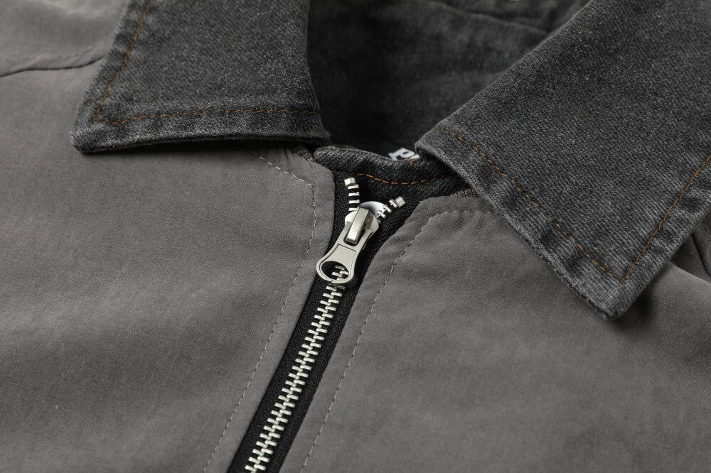 Vintage Contrast-Collar Cotton Bomber Jacket | Washed Gray