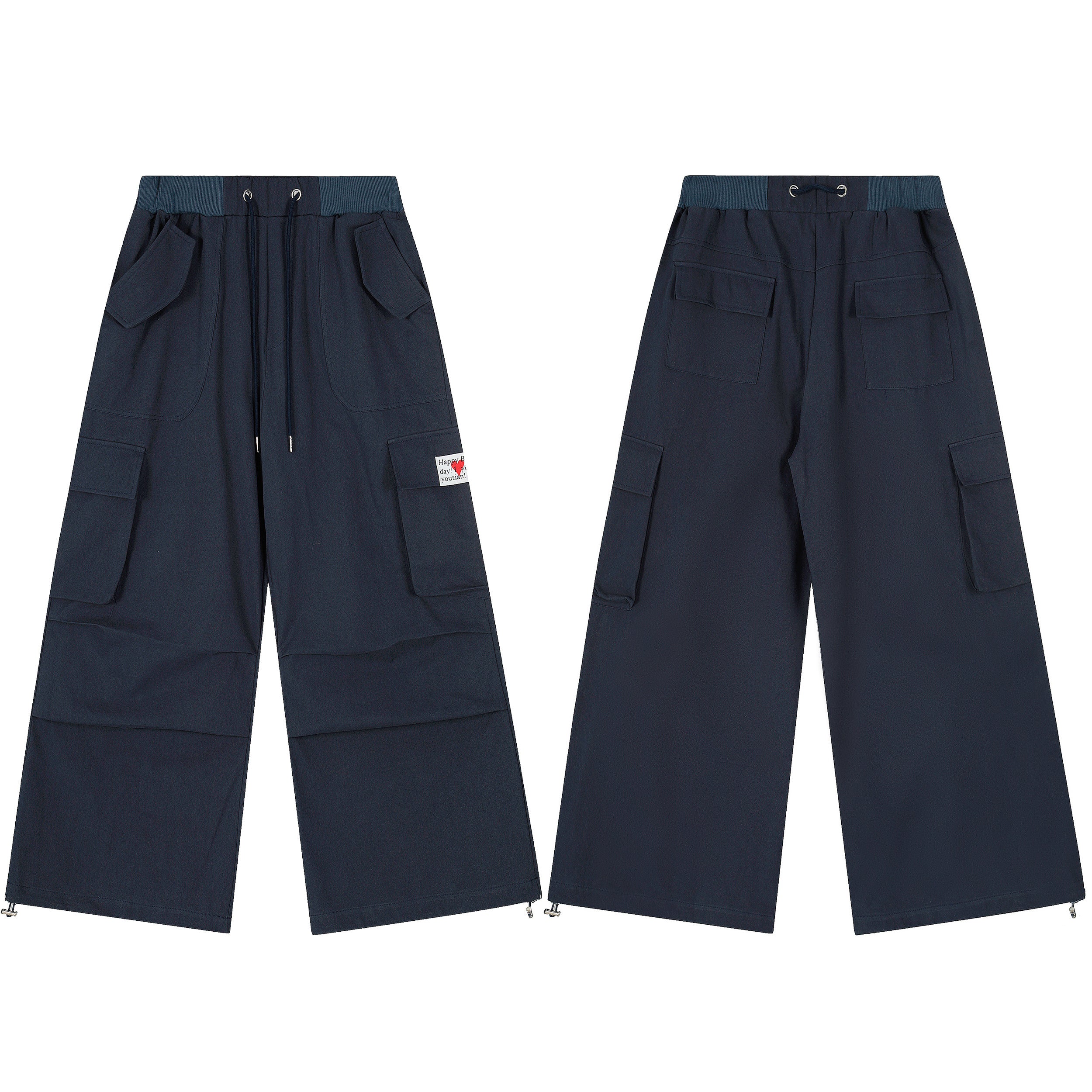 Navy wide-leg cargo pants with flap pockets, contrast teal waistband, drawstring waist, front and back view