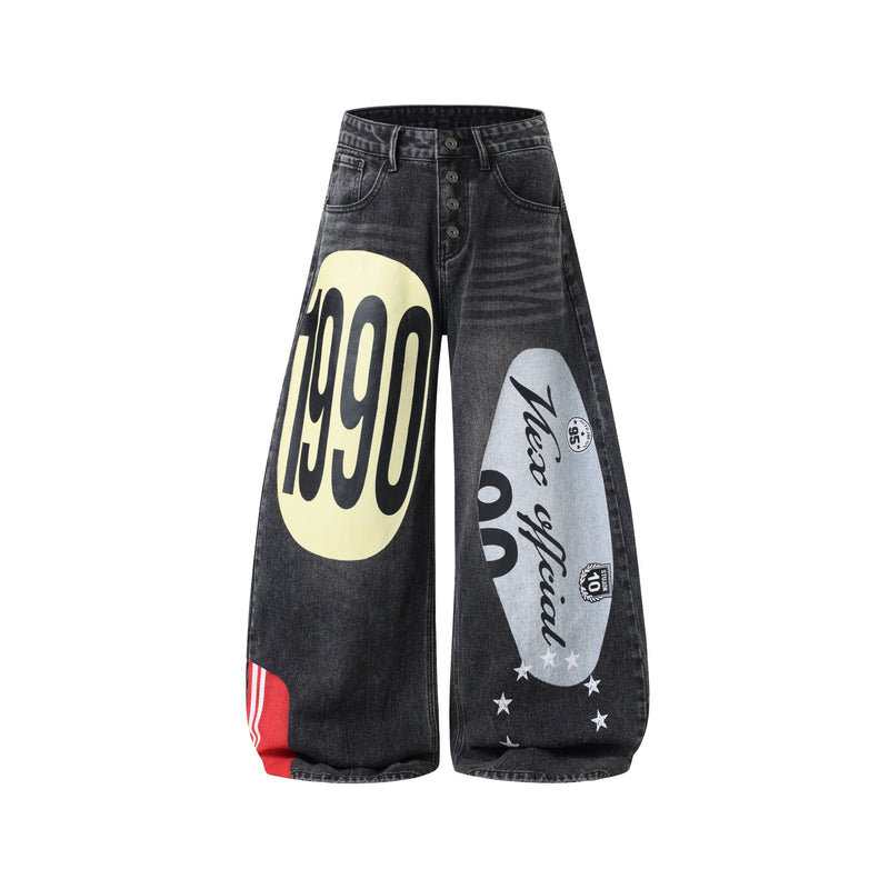 Black wide-leg jeans with front button fly and large retro graphic prints