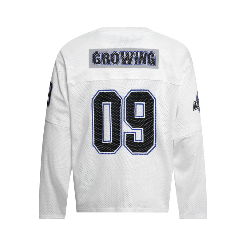 White mesh hockey jersey back with black 09 and GROWING patch