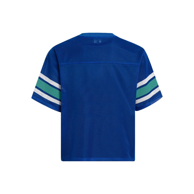 Royal blue mesh varsity jersey with striped short sleeves and a boxy collegiate streetwear fit