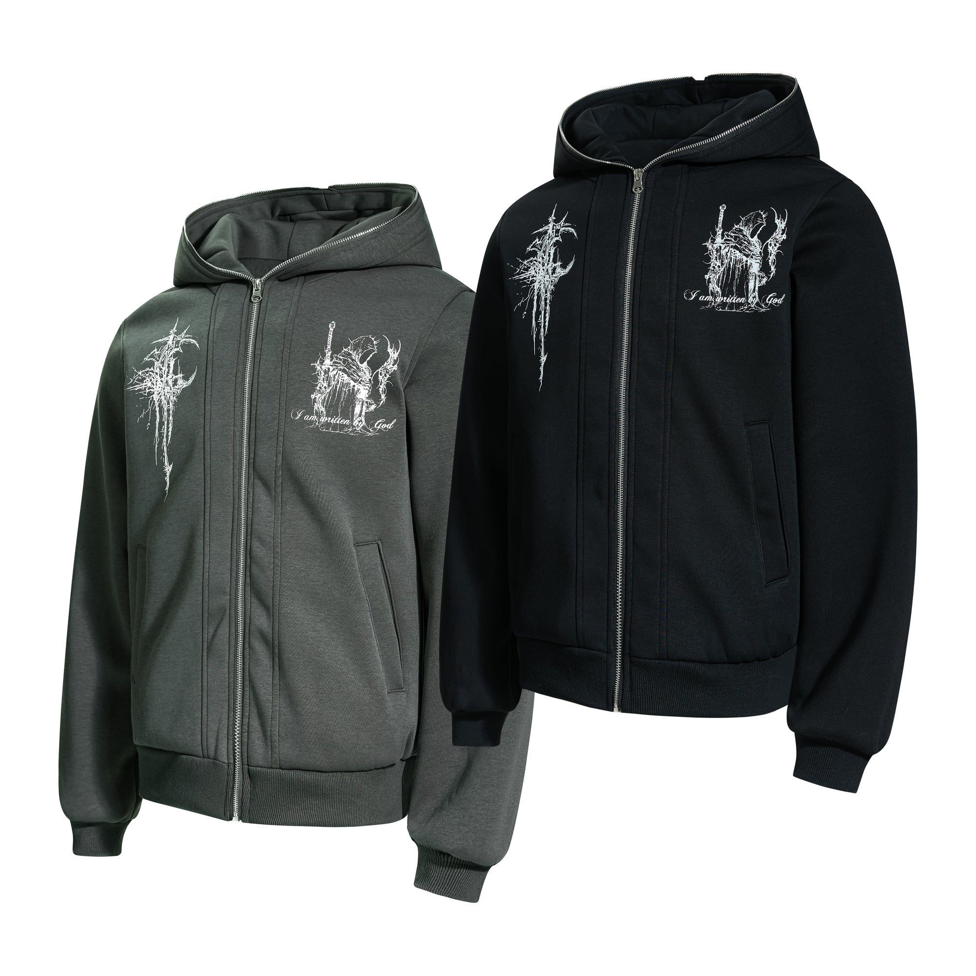 Omirad Gothic Line Art Zip Hoodie in charcoal grey and black, showing white thorned cross and figure chest graphic
