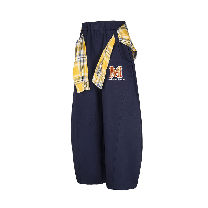 Plaid-Tied Wide-Leg Sweatpants with Chenille Patch | Makenochoice