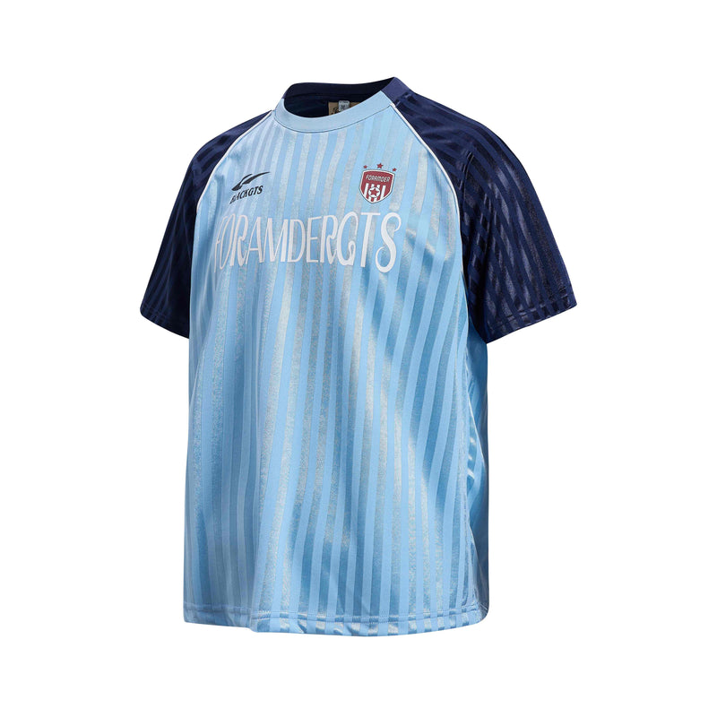 Light blue striped football jersey tee with navy sleeves and FORAMDERGTS logo on the chest