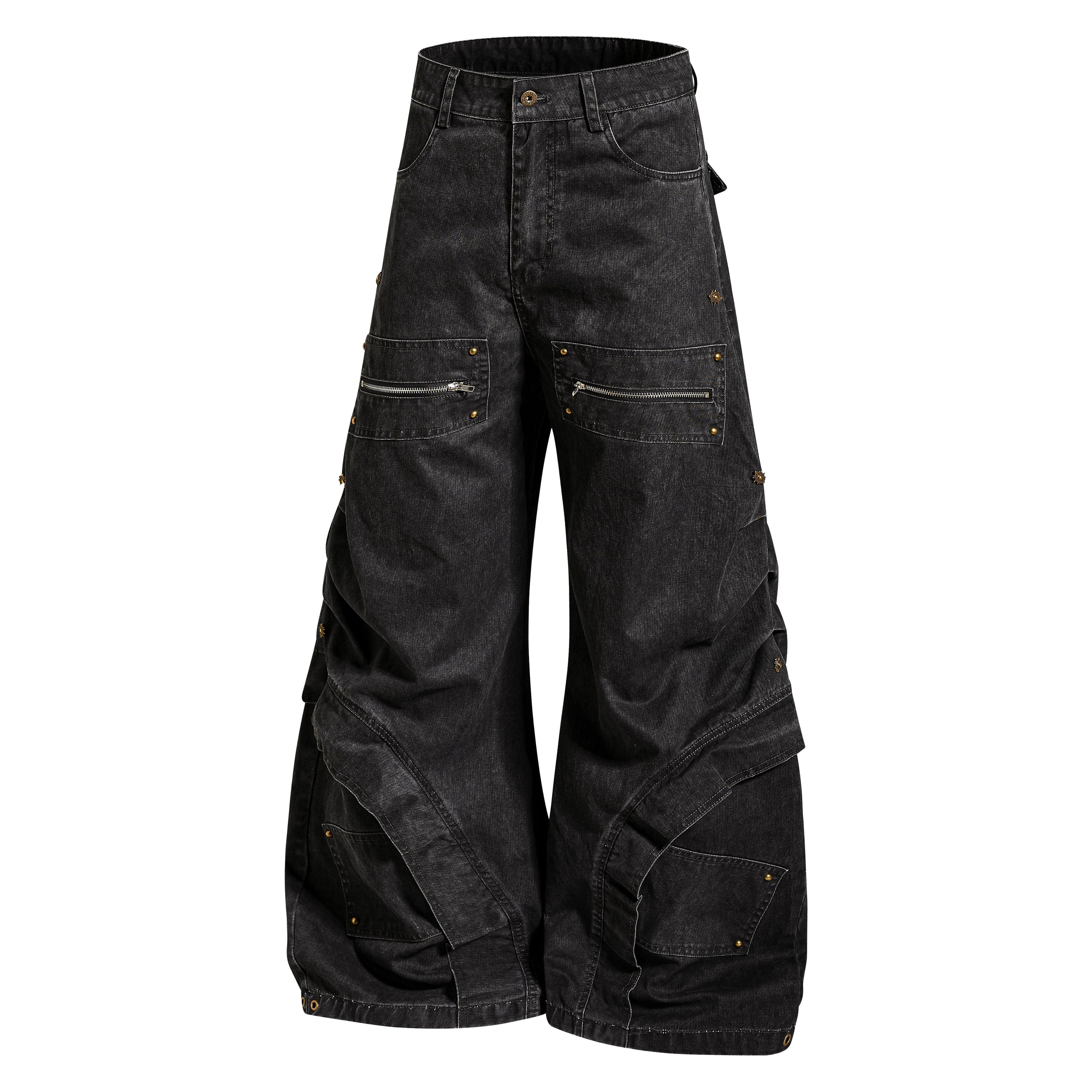 Multi-Zip Panel Cargo Denim Pants | Wide-Leg Streetwear