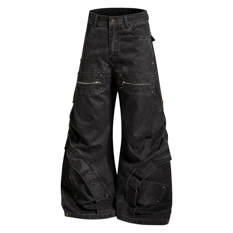 Multi-Zip Panel Cargo Denim Pants | Wide-Leg Streetwear