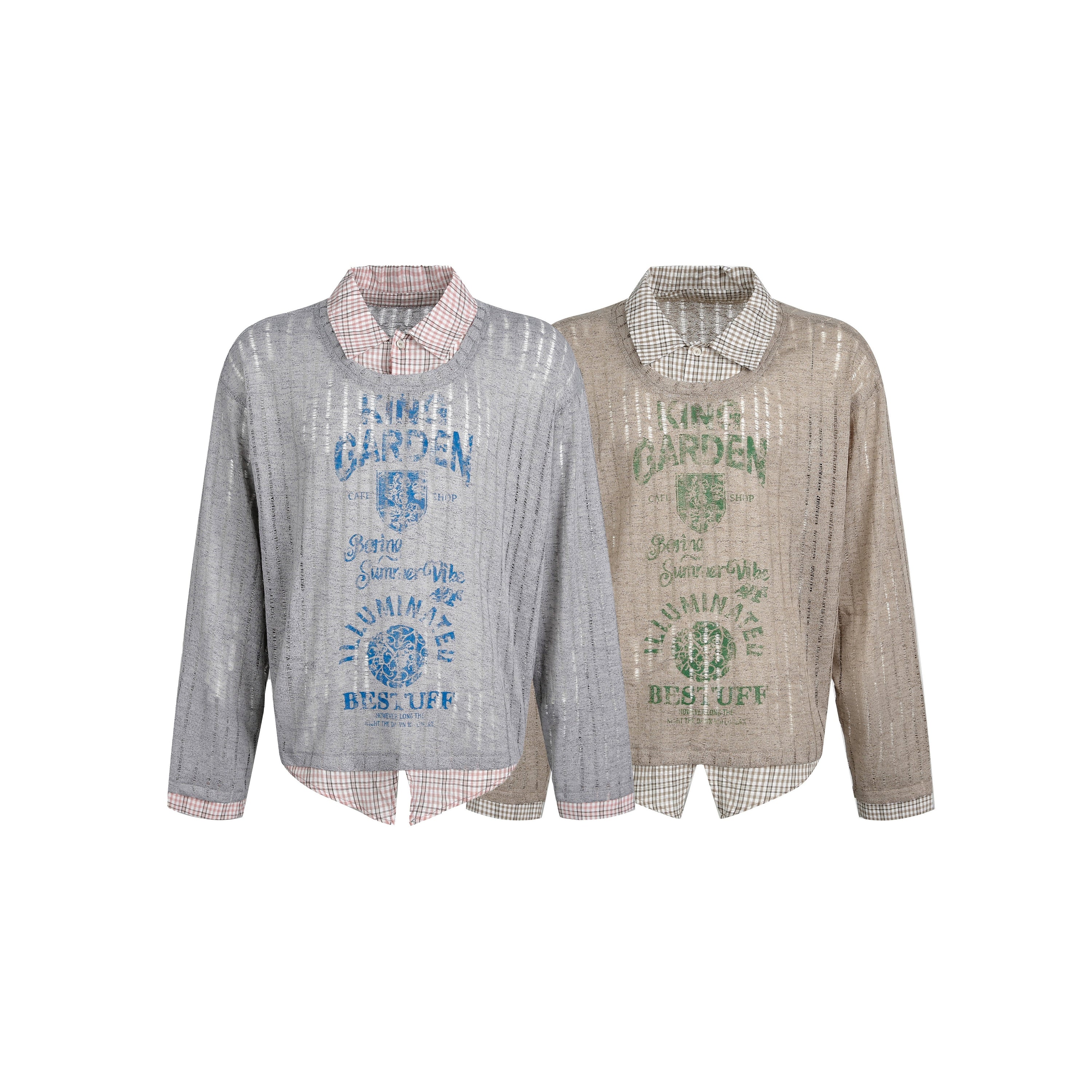 Grey sheer mesh layered graphic top with blue King Garden print and pink plaid collar and hem detail