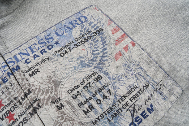 Close-up of passport-style graphic print on heather grey hoodie front