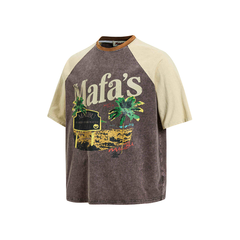Washed raglan tee with Malibu palm graphic, cream sleeves, and vintage coastal streetwear styling